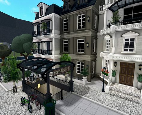 Bloxburg New York Apartment Ideas, Nyc City Bloxburg, Town Homes Bloxburg, New York Town Bloxburg, Bloxburg Street Ideas, Bloxburg Town Exterior, Bloxburg City Apartment, Drawer Decals Bloxburg, Bloxburg Subway Station