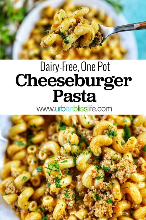 Dairy-Free One Pot Cheeseburger Pasta is the ultimate comfort food that can be made in 30 minutes. Get the full recipe at UrbanBlissLife.com. #pasta #dairyfree #onepotpasta Dairy Free Hamburger Recipes, Hamburger Pasta Recipes, Dairy Free Pasta Recipes, Beef Pasta Recipes, Cheeseburger Pasta, Dairy Free Recipes Dinner, Dairy Free Pasta, Dairy Free Dinner, One Pot Dinners