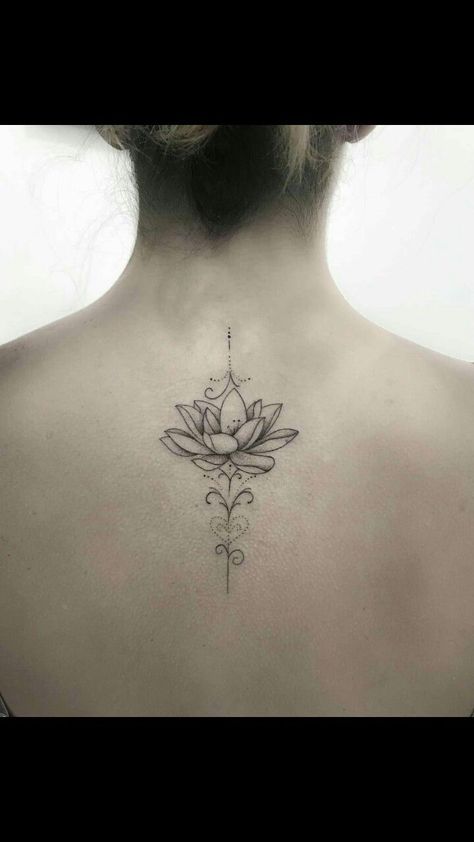 Lotus Mandala Spine Tattoo, Lotus Back Of Neck Tattoo, Lotus Flower Tattoo On Neck, Lotus Spine Tattoo, Lotus Flower Tattoo Back, Back Tattoo Women Upper, Simple Lotus Flower Tattoo, Feminine Back Tattoos, Tribute Tattoos