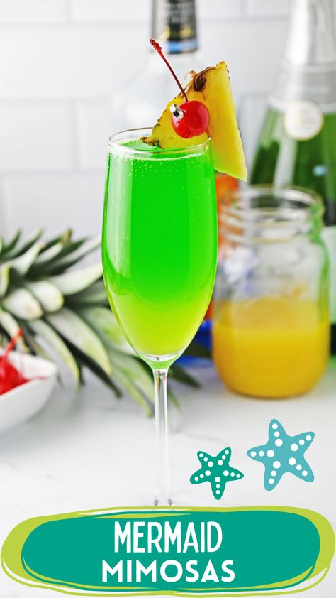 Mermaid Mimosa Recipe, Tropical Mimosa Bar, Summer Mimosa Recipe, Mimosa Flight Ideas, Mermaid Mimosa, Hawaiian Mimosa, Tropical Mimosa, Mimosa Flight, Hawaiian Mimosas