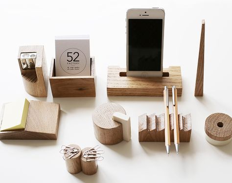 the 10 piece set includes: pencil sharpener, ruler, phone dock, card, post-it note, and eraser holders, paper clip magnet, tape dispenser, and pen case. Diy Desk Organization, Wooden Objects, Gift For Architect, Workspace Desk, Desk Organization Diy, Wooden Desk Organizer, Ad Magazine, Oak Desk, Desk Tidy