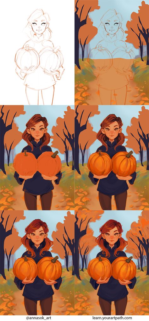 a set of steps of a drawing process for a digital painting of a girl holding a pumpkin Drawing Process Step By Step, Digital Painting Tutorials Step By Step, Step By Step Digital Art, Draw Pumpkin, Digital Painting Process, Painting Learning, Digital Art Ideas, Digital Art Software, Pumpkin Drawing