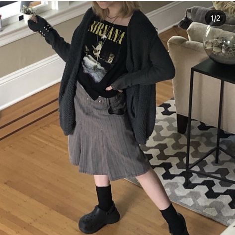 Goth Crocs Outfit, Goth Crocs, Grunge Cardigan, Cardigan Skirt, Crocs Outfit, Random Outfits, Sock Outfits, Wait What, 90s Grunge