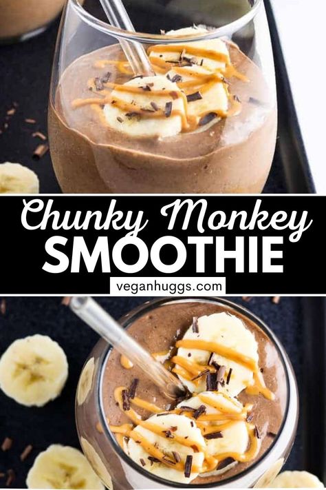 This Chunky Monkey Smoothie will power your day in the most delicious way! You'll feel like you're having dessert for breakfast! It's creamy, chocolatey and nutritious! It requires five ingredients and whips up in minutes! #VeganHuggs #VeganRecipes #vegansmoothie #veganbreakfast Kid Smoothies, Healthy Milkshakes, Chunky Monkey Smoothie, Allergy Awesomeness, Thm Drinks, Vegan Smoothie Recipes, Dessert For Breakfast, Cheap Clean Eating, Nutribullet Recipes