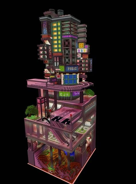 Layered City, Cyberpunk House, Cyberpunk Building, Minecraft Modern City, Minecraft Steampunk, Minecraft Banner Designs, Minecraft Interior Design, Minecraft House Plans, Minecraft Modern