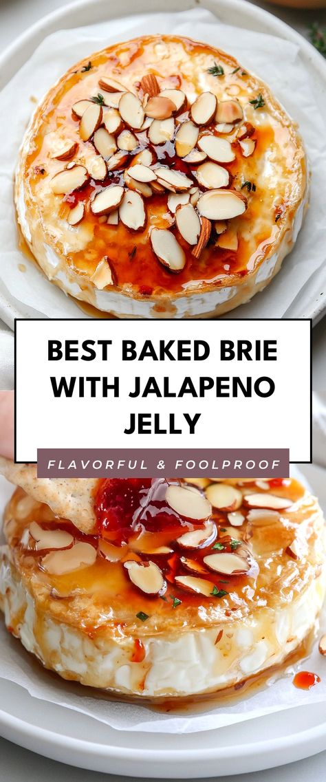 Image for Best Baked Brie with Jalapeno Jelly Best Baked Brie, Baked Brie With Jam, Easy Baked Brie, Baked Brie Recipes, Jalapeno Jelly, Impressive Appetizers, Almond Nut, Brie Cheese, Baked Brie