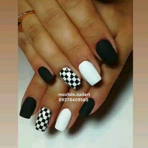 Check Nails Designs, White And Black Checkered Nails, Nails Racing Design, Black White Checkered Nails, Western Checkered Nails, Racing Theme Nails, Checker Flag Nails, Monster Jam Nail Designs, Drag Racing Nails