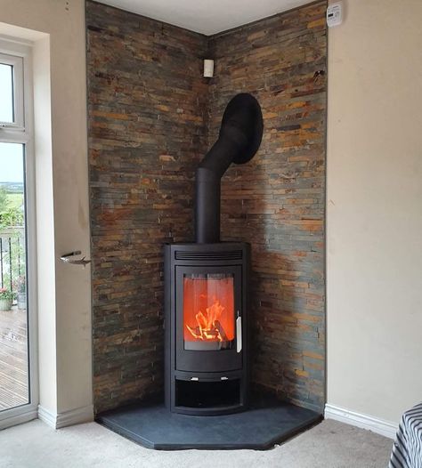 Log Burner Corner Living Room, Log Burner Living Room Corner, Corner Log Burner Ideas Living Room, Log Burner Corner Of Room, Corner Hearth Ideas, Log Burner In Kitchen, Corner Woodburner, Corner Stove Fireplace, Corner Log Burner Ideas