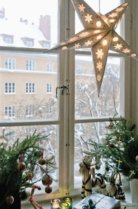 Swedish Christmas Decorations, Modern Jul, Sweden Christmas, Star Yellow, Christmas Lights Outside, Scandinavian Christmas Decorations, Deco Studio, Scandi Christmas, Christmas Window Decorations