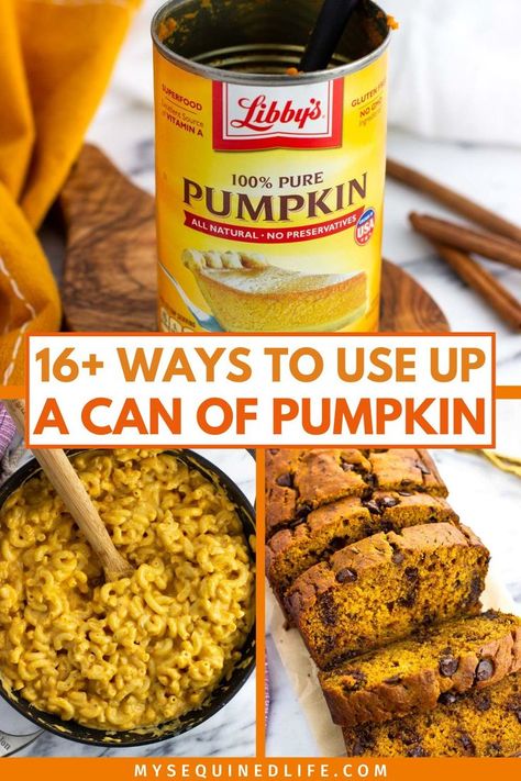 An empty can of pumpkin puree, a big pan of pumpkin mac and cheese, and a sliced loaf of pumpkin bread. Things To Make With Fresh Pumpkin, Simple Pumpkin Puree Recipes, Whole Can Pumpkin Recipes, Recipes Using Canned Pumpkin Puree, Recipes For 1 Cup Of Pumpkin, Recipes With 1 Cup Of Pumpkin, Recipes Using Real Pumpkin, One Can Pumpkin Recipes, Ideas For Pumpkin Puree