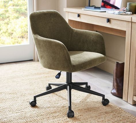 Carson Upholstered Swivel Desk Chair | Pottery Barn Green Desk Chair, Comfortable Desk Chair, Swivel Desk Chair, Swivel Desk, Green Desk, Swivel Chair Desk, Office Nursery, Outdoor Cushion Covers, Desk Chairs