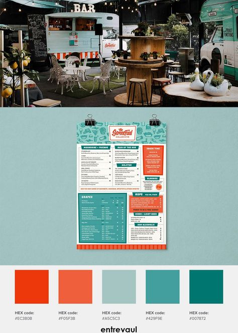 Outdoor cafes are a big hit. Here is a calm and happy color palette inspiration for an outdoor cafe or even a food truck. This beautiful brand design is by THE STREET FOOD COLLECTIVE. #colorplatte#branddesign#cafeinspiration#foodtruck Food Truck Color Schemes, Food Truck Menu Design Ideas, Food Truck Color Palette, Food Truck Branding Design, Food Truck Mood Board, Food Truck Colors, Seafood Color Palette, Food Truck Color Ideas, Menu Color Palette