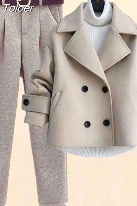 Toloer Autumn Winter Wool Suit Jacket Jacket Long Sleeve Knitted Sweater Casual Trousers Three Piece Set Elegant Women's Pant Set Pants Set Outfit Women, Jacket Coat Fashion, Straight Clothes, Winter Fashion Coats, Fashion Sketches Dresses, Woman Suit Fashion, Wool Clothing, Style Cargo, Long Sleeve Knit Sweaters