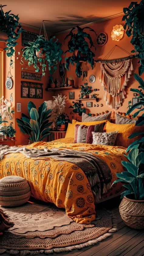 Create a bright and cheerful boho bedroom by incorporating vibrant yellow accents alongside earthy peach and brown tones. Add cozy lighting and whimsical decor, such as colorful cushions and eclectic wall art, to make the space feel warm and inviting. This setup is ideal for small rooms or creating a joyful, budget-friendly space. Whimsical Room Ideas, Boho Bedroom Wall Colors, Cozy Accent Wall, Bedroom With Yellow Accents, Room With Yellow Walls, Orange Boho Bedroom, Yellow Boho Bedroom, Small Boho Bedroom, Light Yellow Bedrooms