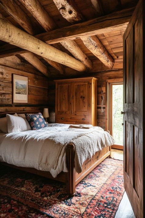 Simple Log Cabin, Log Cabin Bedrooms, Log Cabin Bedroom, Norwegian Cabin, Simple Cabin, Farmhouse Bedroom Decor Ideas, Cabin Bedroom, Cosy Bedroom, Country Houses