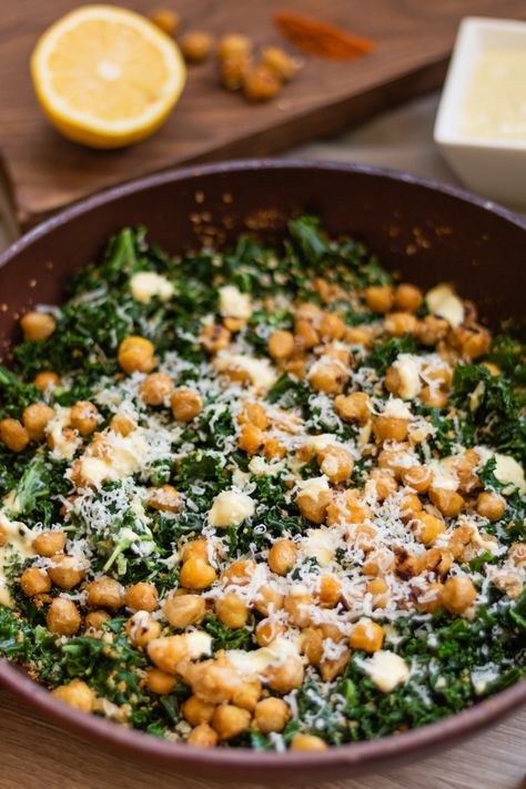 Shredded Kale Recipes, Kale Chick Pea Salad, Spicy Kale Caesar Salad, Kale Salad With Chickpeas, Crispy Chickpeas Salad, Shredded Kale Salad, Kale Chicken Caesar Salad, Kale Pasta Caesar Salad, Warm Chickpea Salad