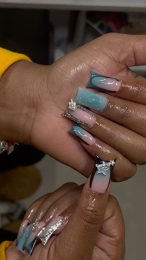 #follow #nailart #nailsofinstagram #nails #beautyblog #blogging #blogger #blog #acrylicnails Acrylic Big Toe Nail, Medium Junk Nails, Bad And Boujee Nails Short, Nail Inspo Black Women, Short Junk Nails, Vacation Nails Black Women, Dominican Nails, Stone Nails, Acrylic Nail Set