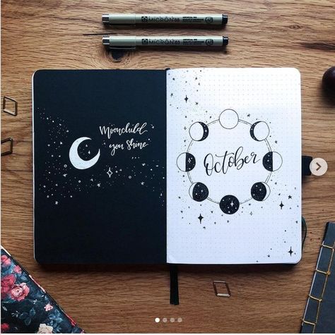 Moon Bullet Journal Theme, Bujo Moon Theme, Moon Bullet Journal, Bullet Journal Calendrier, Bullet Journal October, March Bullet Journal, Bullet Journal Headers, December Bullet Journal, Bullet Journal Monthly Spread