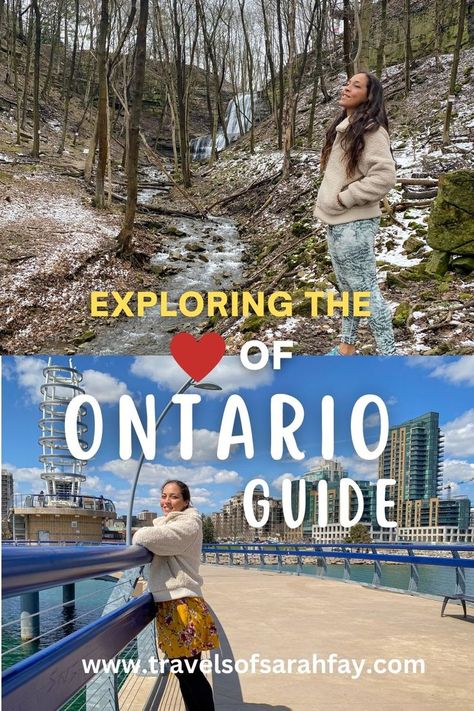 Sarah fay in Burlington Ontario Canada on bottom picture where she is on the pier. Top photo Sarah Fay travel vlogger and blogger in front of a waterfall in Hamilton Ontario in the Niagara escarpment. Markham Ontario, Canada Trip, Burlington Ontario, Ontario Travel, Canada Travel Guide, Hamilton Ontario, Toronto Ontario Canada, Lake Ontario, Canadian Rockies