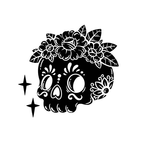 White And Black Artwork, Kawaii Skull Drawing, Sugar Skull Ideas, Halloween Cricut Projects, Skull Digital Art, Skull Flower Art, Cute Sugar Skull, Halloween Cricut, Mexican Art Tattoos