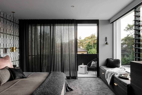 Rose Bay House by Prebuilt Bedroom Dark Curtains, Window Seat Curtains, Bedroom Carpet Colors, Bedroom Window Seat, Bedroom Curtain Ideas, Entrance Lighting, Dark Carpet, Dark Curtains, Rose Bay