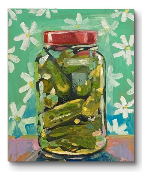 Fresh off the easel! Oil on panel 8”x10” #brookpageart #pickles #picklejar #oilpainting #art #davincipropanels Playful Art, Light Food, Pickle Jars, Custom Murals, Mason Jar Gifts, Mural Painting, Portrait Illustration, Custom Ornament, Custom Pet Portraits