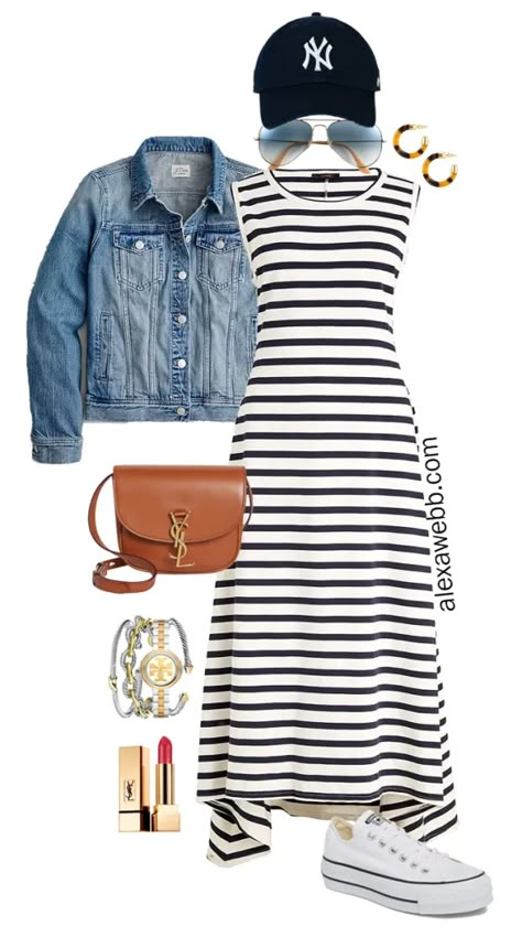 Plus Size Casual Stripe Dress Outfits - Alexa Webb Style Striped Dress, Wedding Guest Outfit Summer Plus Size, Plus Size Athleisure Outfits Summer, Navy Striped Dress Outfit, Stripe Dress Outfit, White Striped Dress Outfit, Outfit Idea For Summer, Plus Size Athleisure Outfits, Plus Size Casual Dresses