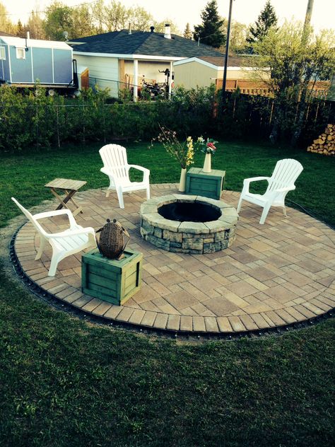 Fire Pit Ideas Backyard Near Shed, Outdoor Boma Ideas Backyard Fire Pits, Backyard With Fire Pit And Playground, Backyard Amphitheater Fire Pits, Circle Brick Patio Fire Pits, Paver Fire Pit, Remodeling House, Patios And Decks, Outdoor Decking