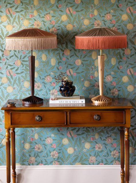 Fringe Lamp, Patterned Lampshades, Morris Wallpapers, Silk Lampshade, Tiffany Lamp, Standard Lamps, Tiffany Lamps, Panel Headboard, Handmade Fabric