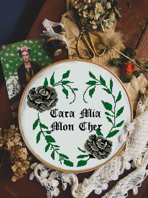 Mon Cher Tattoo, Mon Cher Cara Mia Tattoo, Morticia Addams Cross Stitch, Goth Gifts For Boyfriend, Addams Family Embroidery, Cara Mia Mon Cher Tattoo, Addams Family Cross Stitch, Couples Cross Stitch, Halloween Romantic