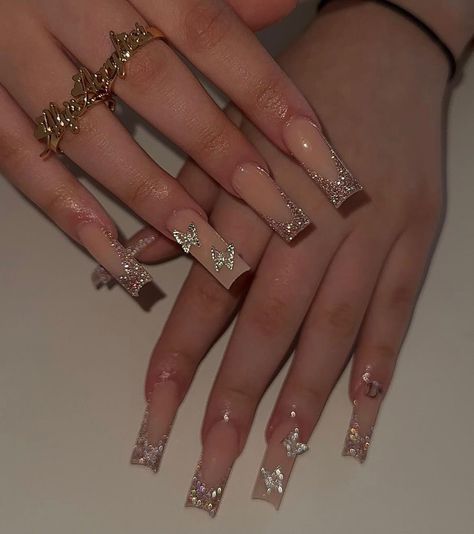 Gel X Nails Glitter, Nail Themes Ideas Art Designs, Nail Designs Quince, Gold Acrylic Nails, Nagel Tips, Girly Acrylic Nails, Nail Idea, Long Acrylic, Long Square Acrylic Nails