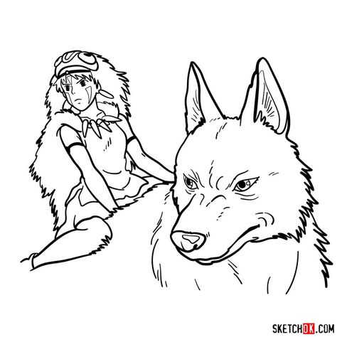 How to draw Princess Mononoke and Moro Princess Mononoke Black And White, Princess Mononoke Coloring Pages, Princess Mononoke Line Art, Princess Mononoke Tattoo Design, Princess Mononoke Sketch, Princess Mononoke Drawing, Moro Princess Mononoke, Princess Mononoke Wolf, Studio Ghibli Drawings