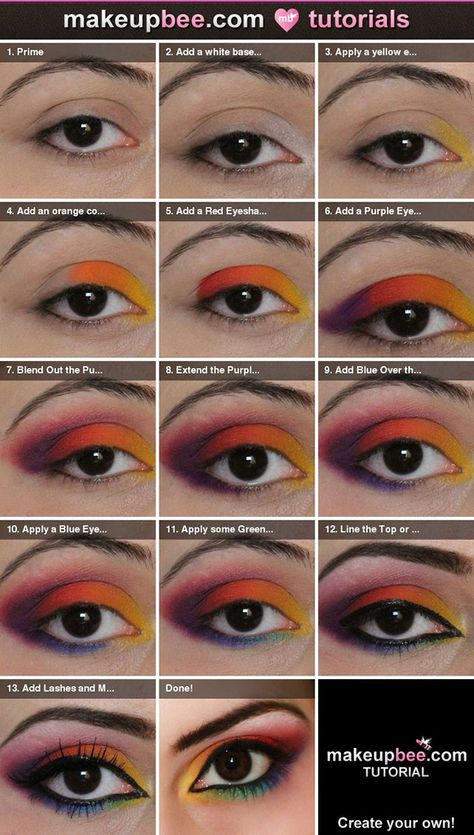 sugarpill makeup tutorial | love this Sugarpill Rainbow Eye Shadow because it has a great mix Eyeshadow Hooded Eyes, Pride Eyeshadow, Step By Step Eyeliner, Makeup Hooded Eyes, Rainbow Eye Makeup, Natural Eye Makeup Tutorial, Rainbow Eyeshadow, Makeup Tutorial Step By Step, Pride Makeup