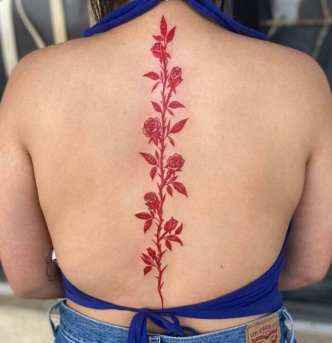 Rose Tattoo On Back, Red Tattoo Ideas, Flower Spine Tattoos, Spine Tattoo Ideas, Tattoos To Cover Scars, Tattoos Infinity, Pretty Hand Tattoos, Tattoos Mandala, Red Tattoo