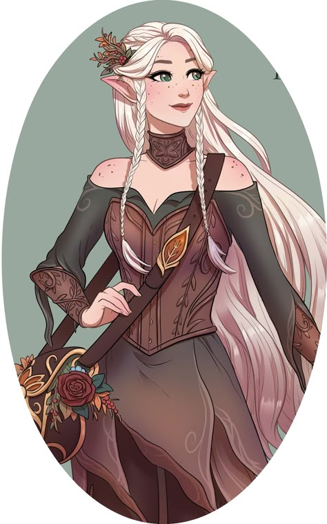 Elven Outfit Drawing, Half Elf Half Human, Dnd Outfits Inspiration Druid, Dnd Female Half Elf, Elven Outfits Female, Half Elf Cleric Female Dnd, Elf Design Character, Half Elf Druid Female, Female Druid Character Design