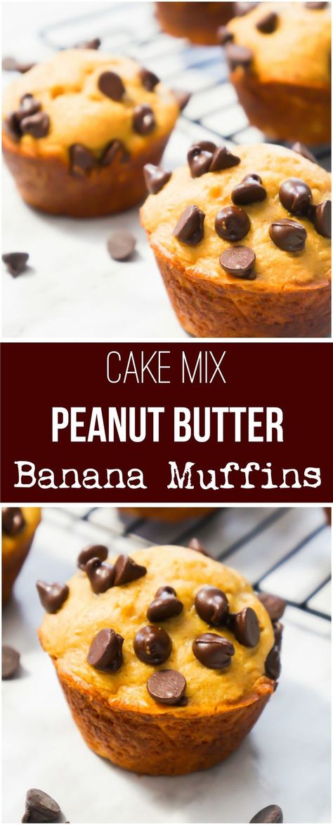 Banana Muffins. These peanut butter banana muffins are made from cake mix and loaded with chocolate chips. This is a super easy breakfast or snack recipe. #bananamuffins #peanutbutterbananamuffins #backtoschoolsnacks Muffin Bites, Cake Mix Banana Bread, Super Easy Breakfast, Cake Mix Muffins, Muffins Chocolate, Chocolate Peanut Butter Desserts, Peanut Butter Muffins, Peanut Butter Banana Muffins, Cake Mix Desserts