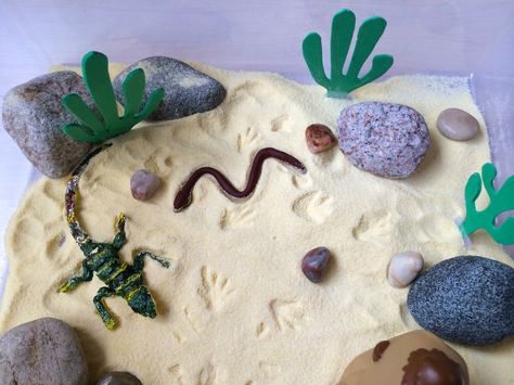 Use sand or semolina to create a desert in a bin. Talk to your child about hot desert climate and how animals lapart to the heat. Draw on semolina with your fingers. Make animal footprints and ask your child to guess the animal. Hide objects in semolina for the child to find them.  Sensory bin ingredients: semolina, rocks, pebbles, foam cactus, foil lizard and scorpion, Play-Doh snake and Fisher-Price Little People camel. Desert Sensory Bin, Snake Sensory Bin, Wild Animals Sensory Bin, Desert Crafts, Craft Work For Kids, Summer Preschool Activities, Desert Climate, Wild West Theme, Desert Animals