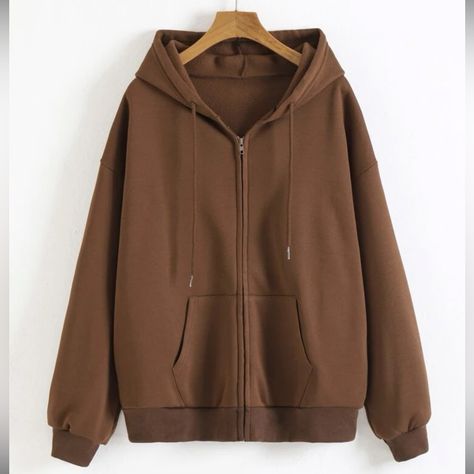 Never Worn Shein Size L Brown Zip Up Hoodie Good Condition New Hoodie Png, Casual Hooded Sweatshirt, Brown Zip Ups, Brown Sweatshirt, Brown Hoodie, Women Sweatshirts, Womens Winter, Cute Jackets, Brown Jacket