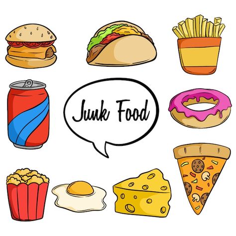 Set of tasty junk food with hand drawn o... | Premium Vector #Freepik #vector #junkfood #unhealthy-food #junk-food #burger-doodle No To Junk Food Posters, Junk Food Drawing Easy, Junkfood Drawings, Junk Food Chart, Unhealthy Food Drawing, Burger Doodle, Junk Food Drawing, Food Chart For Kids, Effects Of Junk Food