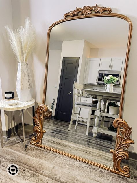 Kirklands Floor Mirror, Full Mirror In Living Room, Extra Large Floor Mirror, Large Gold Floor Mirror, Huge Gold Mirror, Anthropology Mirror Decor, Gold Mirror Full Length, Large Standing Mirror Living Room, Floor Length Gold Mirror