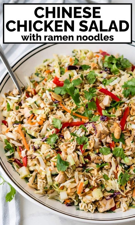 This quick and easy Chinese chicken salad uses bagged coleslaw mix, leftover rotisserie chicken and ramen noodles for a crunchy asian chicken salad that's great for lunches, dinners, potlucks and more. The tasty Chinese chicken salad dressing uses the flavor packets from the ramen noodles. Your family will love this. Chinese Chicken Salad With Ramen Noodles, Coleslaw With Ramen Noodles, Easy Chinese Chicken Salad, Chicken And Ramen, Healthy Ramen Noodle Recipes, Chinese Chicken Salad Dressing, Easy Chinese Chicken, Rotisserie Chicken Recipes Healthy, Rotisserie Chicken Recipes Leftover