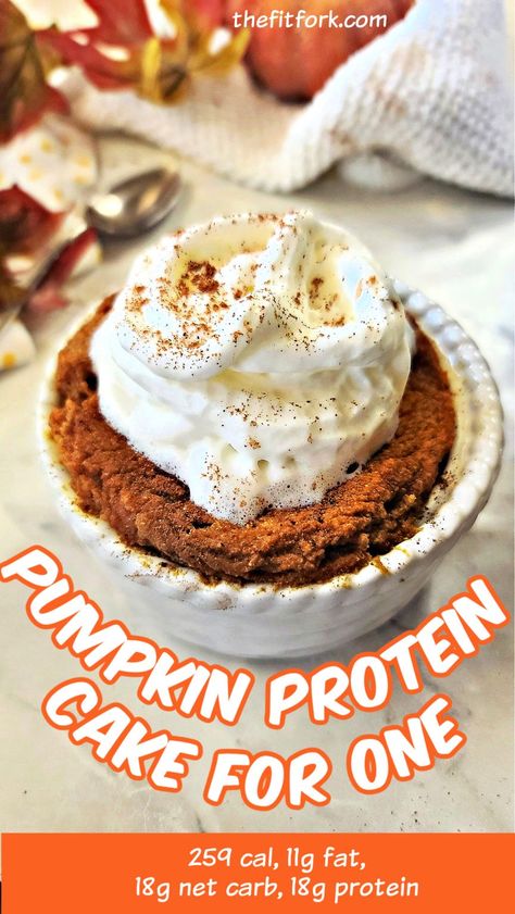 Pumpkin Protein Mug Cake: Quick & Easy Fall Treat for One - thefitfork.com Protein Pumpkin Cake, Protein Pumpkin Mug Cake, Pumpkin Mug Cake Healthy, Pumpkin Mug Cake, Protein Mug Cake, Healthy Pumpkin Dessert, Mug Cake Healthy, Protein Mug Cakes, Pumpkin Protein