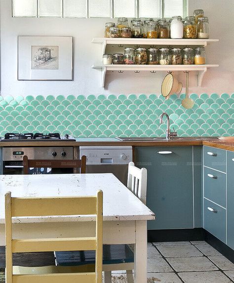 Fish Scale Tile Kitchen Backsplash, Fish Scale Mosaic Kitchen, Fish Scale Backsplash Perigold, Fish Scale Tile Bathroom, Peel And Stick Fish Scale Tile, Blue Fish Scale Tile, Mountain Interiors, Fish Scale Tile, Green Mosaic