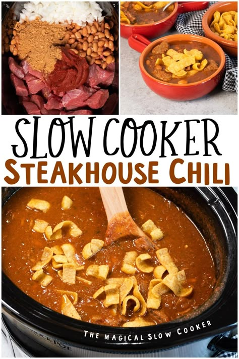 Slow Cooker Steak House Chili Steak Chili Recipe Crockpot, Best Steak Chili Recipe, Steakhouse Chili, Unique Chili Recipe, Steak Chili Recipe, Unique Chili, Crockpot Sausage, Steak Chili, Magical Slow Cooker