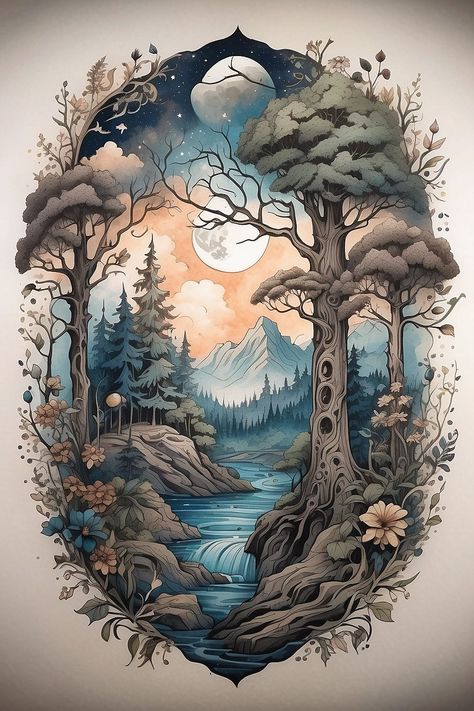 Enchanted Forest Sketch, Enchanted Tree Drawing, Magical Forest Tattoo, Fairy Forest Tattoo, Enchanted Forest Tattoo, Tattoo Designs Dark, Tattoo Designs Realistic, Tattoo Designs Women, Enchanted Tattoo