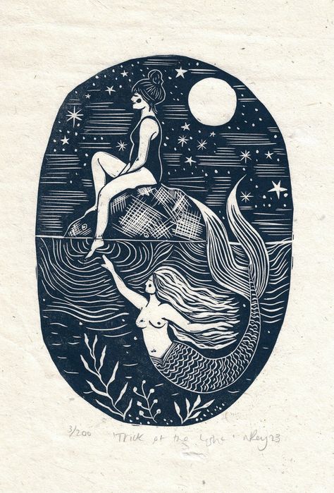 PRINTS BY THE BAY SHOP — PRINTS BY THE BAY Linocut Poster, Linocut Tattoo, Mermaid Folklore, Selkie Art, Seal Illustration, Mermaid Outline, Mermaids Swimming, Nautical Illustration, Marine Life Art