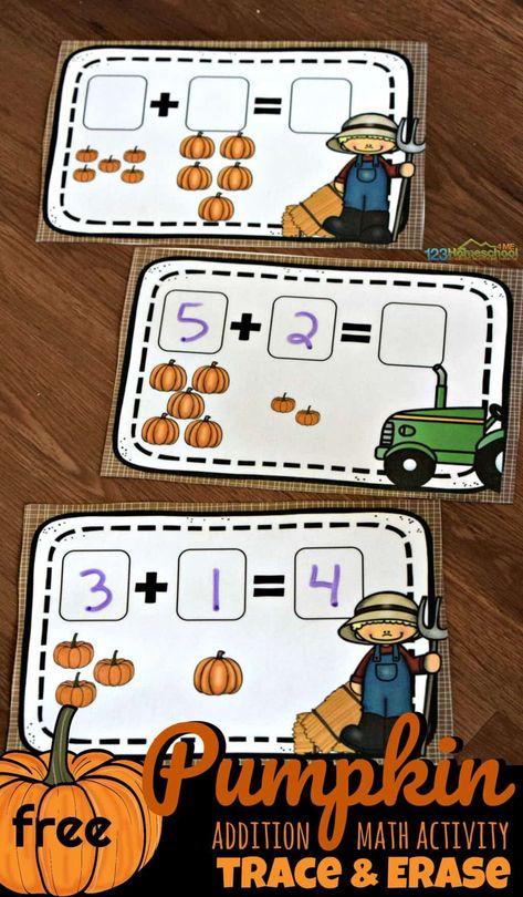 FREE Pumpkin Math Activity - fun addition math practice for prek, kindergarten, and first graders during October for a pumpkin themed educational activity #pumpkin #addition #kindergarten Thanksgiving Addition Kindergarten, Fun Math Activities Preschool, Addition Centers Kindergarten, First Grade Fall Activities, Pumpkin Math Kindergarten, Kindergarten Addition Activities, Prek Pumpkins, Addition Activities Preschool, Pumpkin Kindergarten