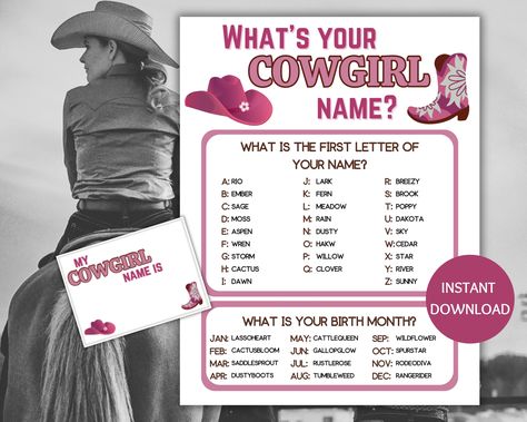 This What's Your Cowgirl Name Game with Name Tags is a printable PDF and a digital download. This fun name generator game makes the perfect ice breaker game for a cowgirl party. Use the cowgirl name game printable for a pink cowgirl theme party, little cowgirl baby shower, or as a classroom activity as part of your teacher resources.  Print as many copies as you like, so you can enjoy this cowgirl printable for all your parties. *What you receive: An instant digital download - nothing will be ma Cowgirl Name Generator, Cowgirl Games For Adults, Cowgirl Party Games, Western Party Games, Pink Cowgirl Party, Bachelorette Crafts, Cowgirl Baby Shower, Name Tag Templates, Cowboy Theme Party