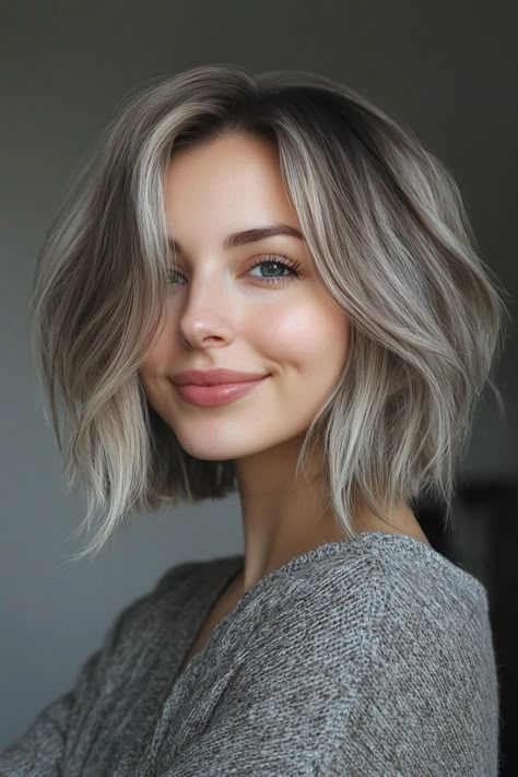 Ash Bob Hair, Blonde Hair Ideas For Summer Short, Colour For Greying Hair, Blonde Hair For Cool Toned Skin, Grey Hair Blonde Highlights, Ash Blonde Short Hair, Bob Blonde, Grey Blonde Hair, Short Hair Highlights