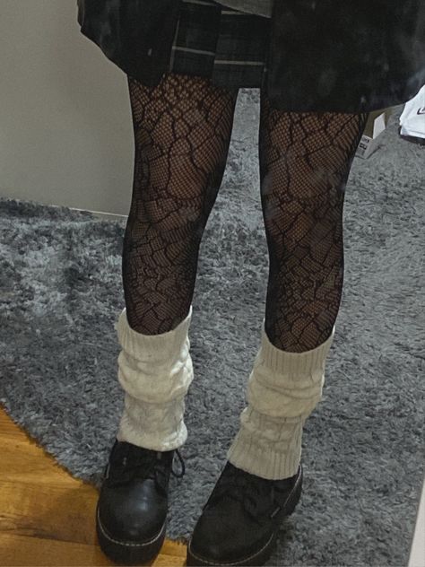 alternative spiderweb tights and leg warmers outfit Fishnets And Leg Warmers, Docs Leg Warmers, Leg Warmers Plus Size, Leg Warmers With Tights, Spiderweb Tights Outfit, Docs And Leg Warmers, Shoes With Leg Warmers, Grunge Leg Warmers, Leg Warmers Outfit Aesthetic